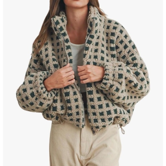 Jackets & Blazers - Women Cream Green Checkered Teddy Fleece Zip Up Cropped Jacket Boxy Fit